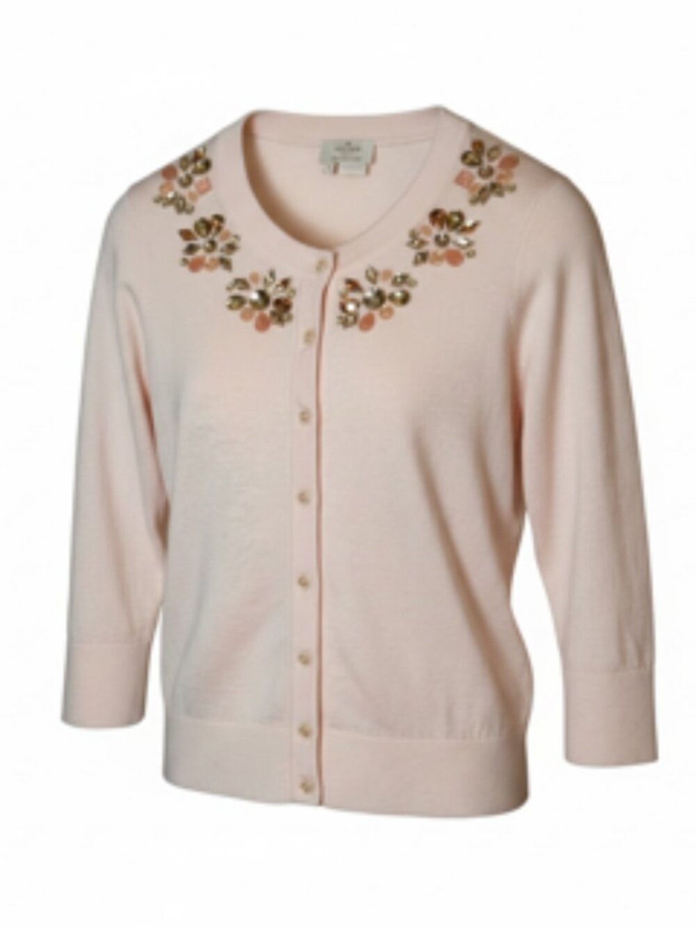 Kate Spade Embellished Jeweled Neck Soft Cardigan Blush Pink 3/4 Sleeve Medium